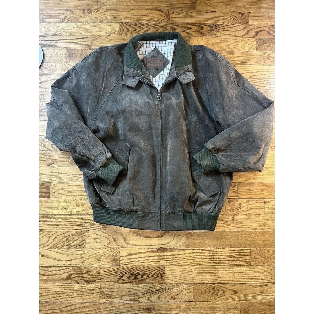 Pendleton Men's Suede Leather Full Zip Bomber Jacket Darker Green--Large